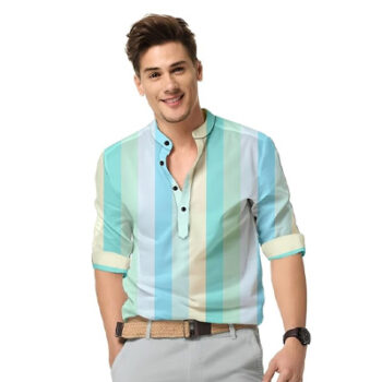 Men's Printed Cotton Relaxed Fit Long Sleeve Mandarian Collared Casual Lightweight Comfortable Short Kurta