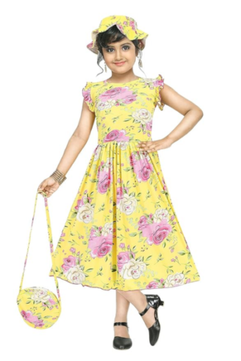 A.R.K. DRESSES Girl's A-Line Floral Knee Length Short Frock Dress with Cap, Mask and Purse