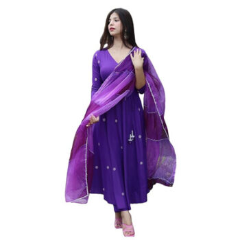 Women's Cotton Blend Anarkali Embroidered Kurta with Pant & Dupatta